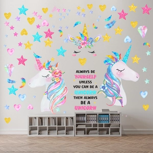 Unicorn wall stickers set with stars and feathers for children's room wall decoration