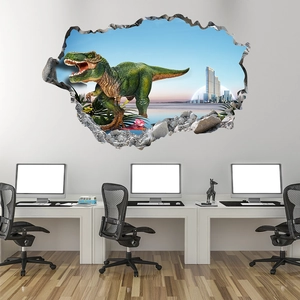 Détail d'un autocollant mural 3D avec dinosaure vert et effet visuel de mur brisé