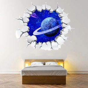 Detailed macro view of 3D cracked wall decal featuring blue galaxy and ringed planets