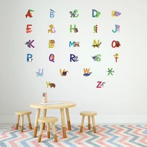Colorful 26 alphabet wall stickers with animal designs for children's room decoration