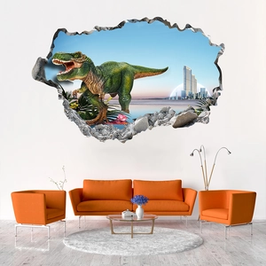 Sticker mural 3D dinosaure T-Rex effet mur cassé pour décoration de chambre d'enfant ou salon