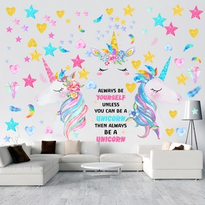 Unicorn wall stickers set with stars heart and feathers for kids room nursery decor