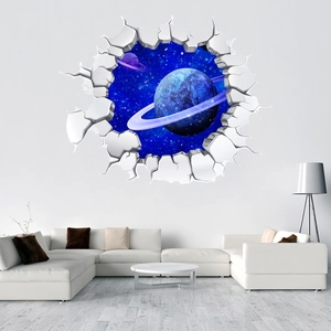 3D space wall sticker featuring a deep cosmic blue planet and purple nebula on a white wall