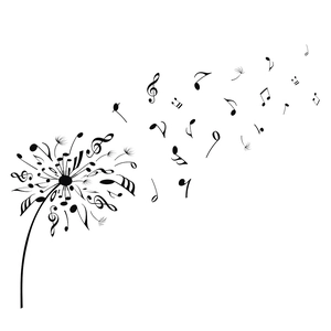 Creative dandelion wall decal with musical notes blowing in wind for living room decor