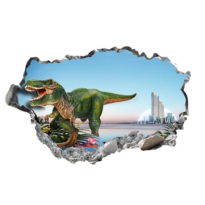Sticker mural 3D dinosaure T-Rex effet mur cassé avec vue sur ville et ciel bleu