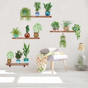 Stickers muraux de plantes en pot à l'aquarelle et étagères en bois style scandinave