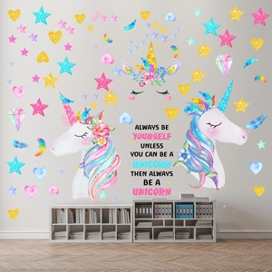 Detail of unicorn wall stickers with watercolor stars and feathers for girls' room decor
