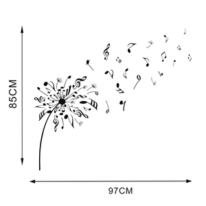 Detail showing musical dandelion wall sticker dimensions of 85cm by 97cm in black PVC