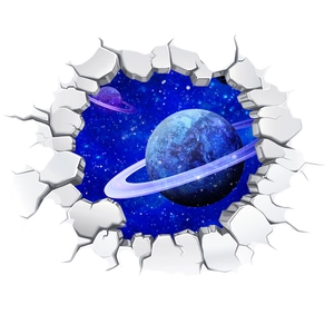 3D outer space wall decal with broken wall effect featuring a glowing ringed planet