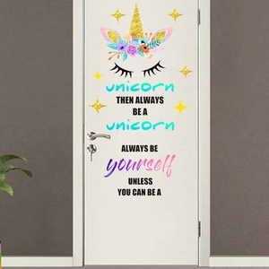Stickers Muraux Licorne Pour Décoration Chambre Enfant PVC Imperméable Corne Pailletée Or Fleur Étoile Citation Licorne