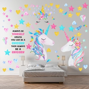 Rainbow unicorn wall decals with glitter feathers and stars for girls' bedroom decor