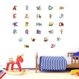 Detail of 26 alphabet animal wall stickers showing A-Z letters on a white nursery wall