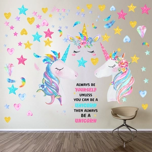 Dreamy watercolor unicorn wall stickers with feathers and stars for girls bedroom decor