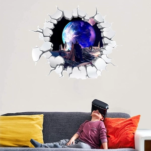 Detailed 3D outer space planet wall sticker with realistic wall crack effect on white wall