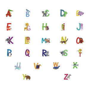 Educational 26 alphabet wall stickers featuring colorful cartoon animals for kids room