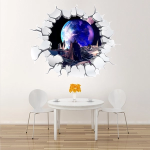 3D outer space wall decal showing a blue planet through a realistic broken wall hole