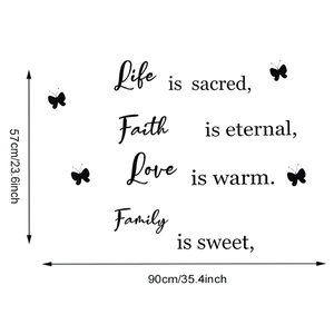 Detail of inspirational black wall stickers with butterflies measuring 90cm by 57cm