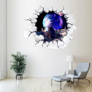 3D cracked wall decal featuring a cosmic purple planet scene for modern living room decor