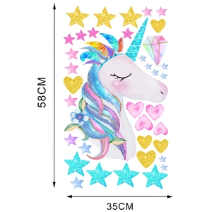 Detailed size specifications of 58x35cm unicorn wall sticker with stars and hearts