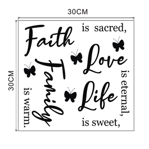 Detail of inspirational black wall stickers with Faith Family Love quotes and butterflies