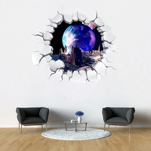 3D outer space wall decal with purple planet breaking through a white living room wall