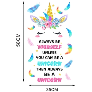 Detail view of unicorn and feather wall stickers with 58x35cm dimensions for nursery