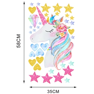 Detailed dimensions of watercolor unicorn wall sticker with stars, 58cm by 35cm size
