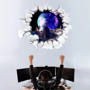 Detailed 3D outer space wall decal showing a planet through a realistic broken wall effect