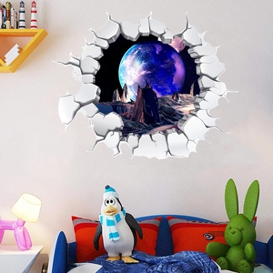 3D space wall decal showing a blue planet through a broken wall in a kids room