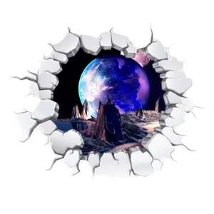 Macro detail of 3D galaxy wall sticker showing a cracked wall effect and deep blue planet