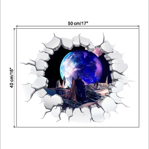 Detailed 3D cosmic space wall sticker showing broken wall effect and glowing planets