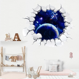 Detailed 3D cosmic wall sticker with earth and spacecraft in a cracked wall effect