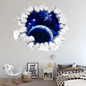 Detailed 3D outer space wall sticker featuring Earth and stars with broken wall effect
