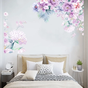 Stickers muraux pivoines violettes et lys style aquarelle pour déco de chambre douce