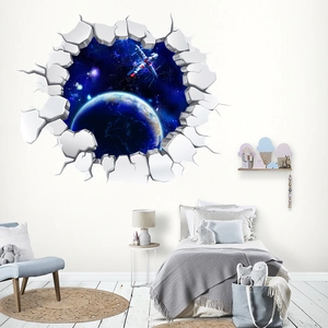3D outer space wall sticker showing a broken wall effect with Earth and spaceships