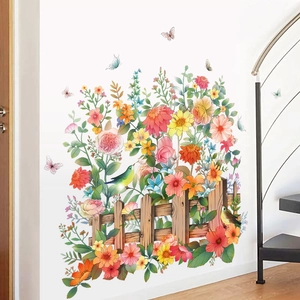 Pastoral Garden Fence Flower Wall Stickers Waterproof PVC Butterfly Bird Decal For Kids Bedroom Living Room Home Decor
