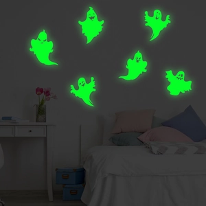Luminous ghost wall stickers featuring 6 glowing neon green spooky expressions for Halloween