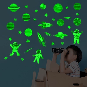 Luminous glow-in-the-dark astronaut and planets wall stickers shown in a night bedroom