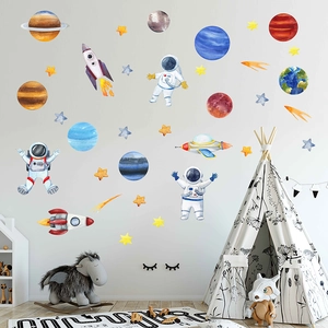 Luminous space wall stickers featuring astronauts and colorful planets for kids room decor