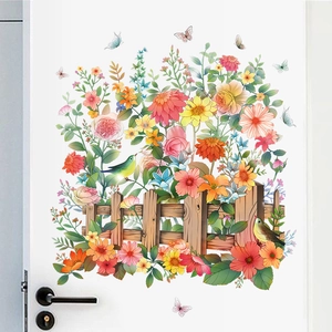 Cartoon flower and fence wall sticker with birds and butterflies for kids room decor