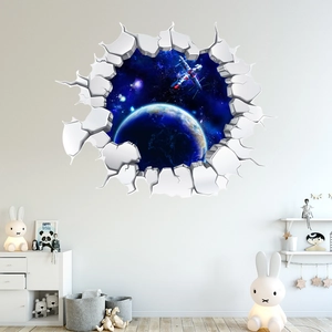 Detailed macro view of 3D cracked wall Earth sticker with spacecraft for kids room