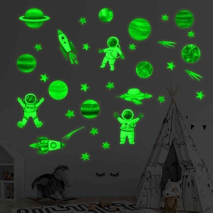 Luminous solar system wall stickers with glowing planets and astronauts for kids rooms