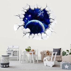 3D space wall sticker with Earth and spacecraft on white broken wall detail