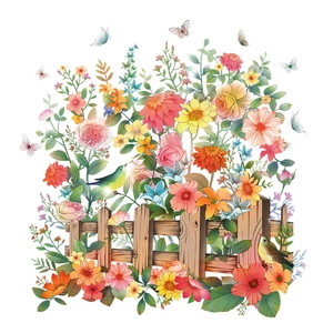 Cartoon garden fence wall sticker with colorful flowers and butterflies for kids' rooms