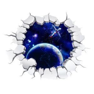 Detail view of 3D cracked wall decal showing outer space planet and spacecraft stickers