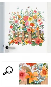 Detail of colorful flower wall stickers with butterfly and garden fence patterns