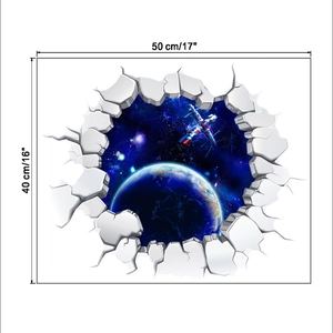 Detailed view of 50x40cm 3D outer space wall sticker showing Earth and spacecraft