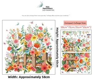 Detail view of colorful garden flower wall decals with dimensions and layout for kids' rooms