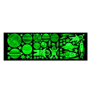 Luminous wall stickers featuring planets and astronauts glowing in the dark in neon green