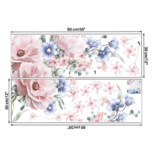Plan détaillé de 2 autocollants muraux pivoines aquarelle mesurant chacun 30x90cm